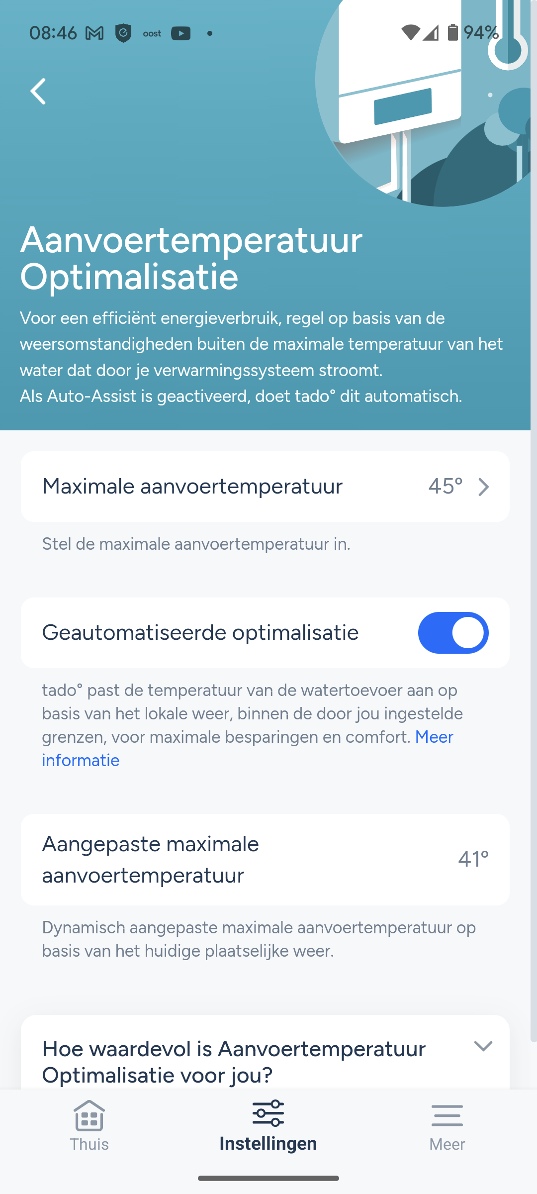 instelscherm aanvoertemperatuur optimalisatie